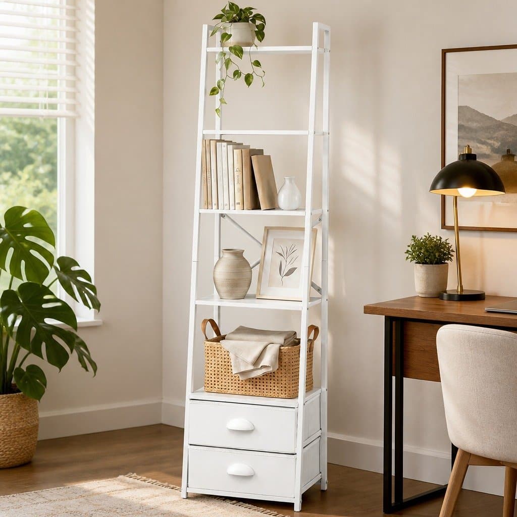 5-Tier Ladder Bookcase with Fabric Drawers for Storage
