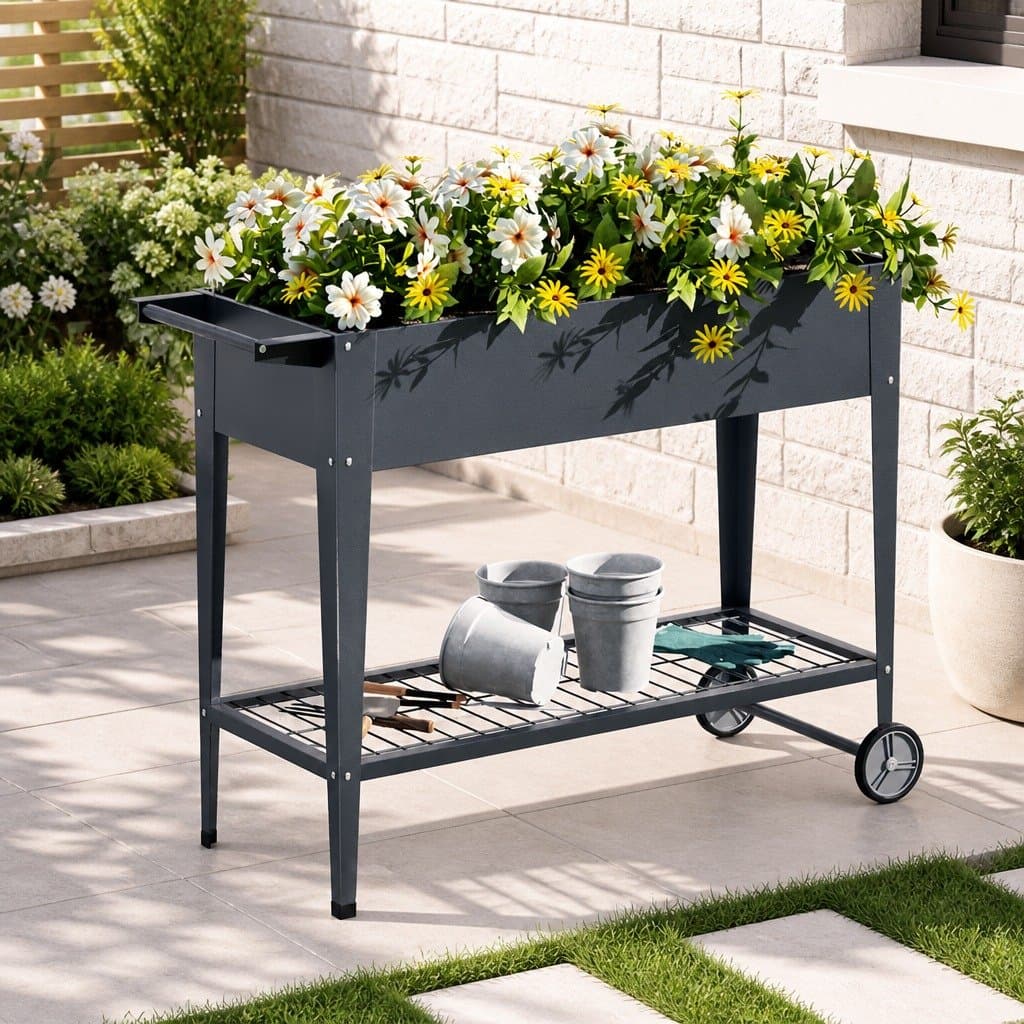 Raised Garden Bed with Wheels and Storage Shelf