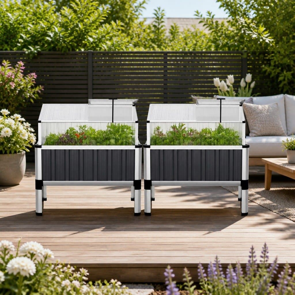 Raised Garden Bed Set with Polycarbonate Roof