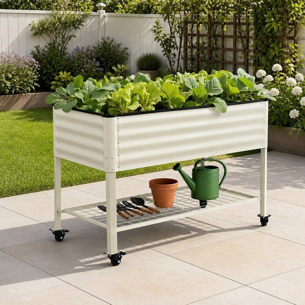 115cm Elevated Garden Bed with Wheels and Shelf