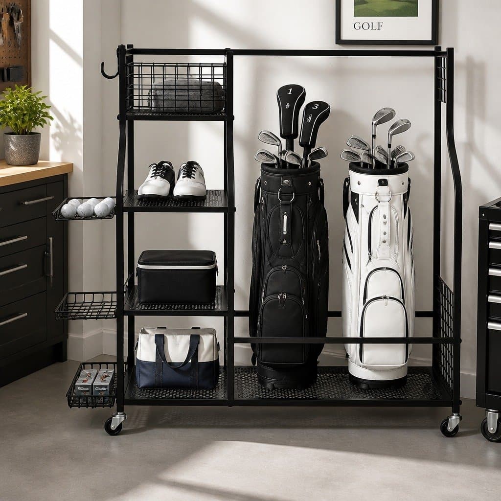 Golf Bag Organizer Rack with Wheels and Shelves