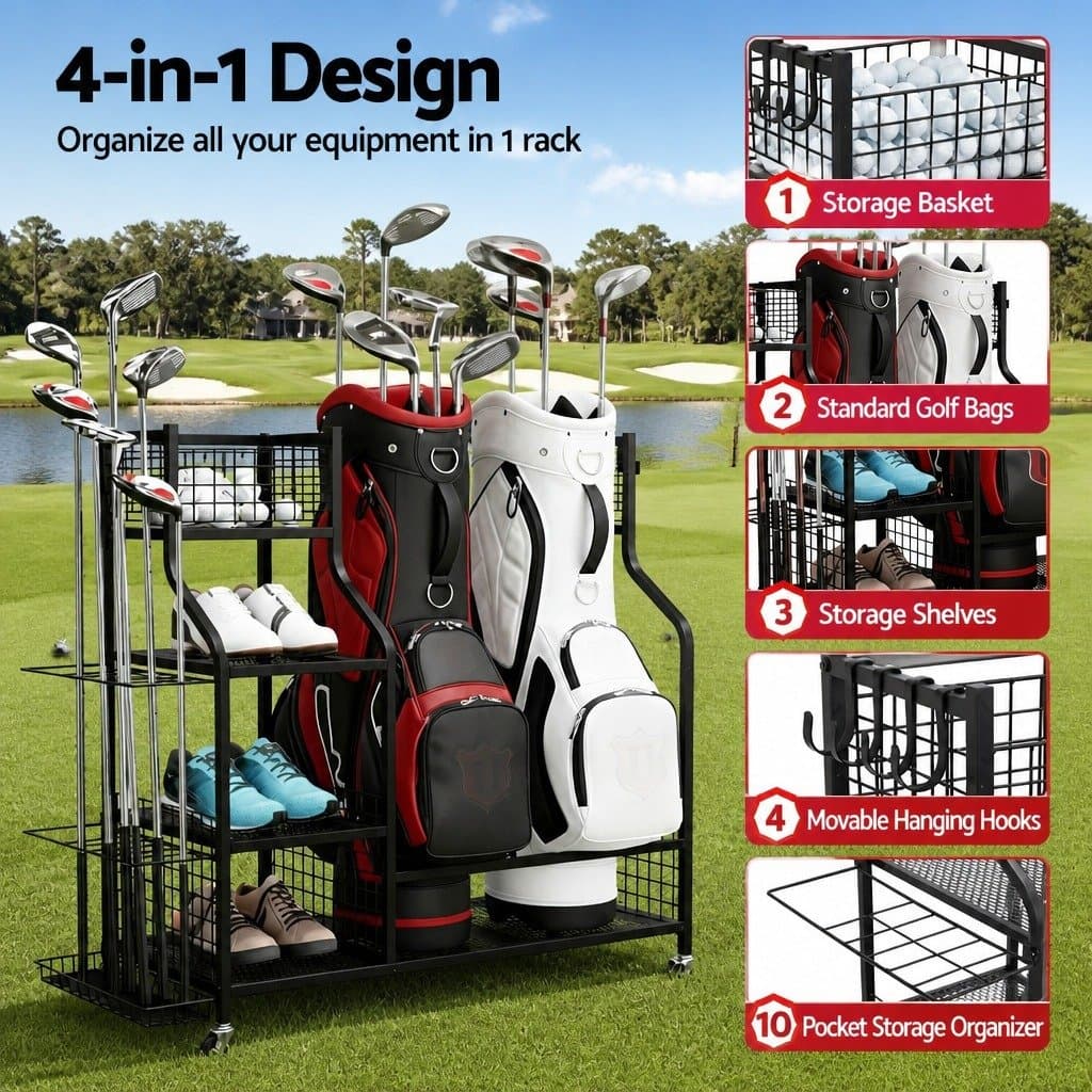Golf Bag Organizer Rack with Wheels and Shelves