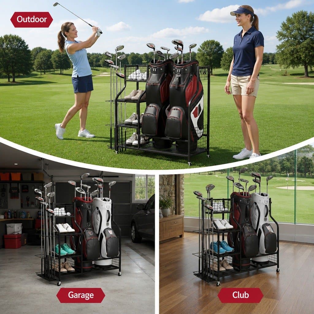 Golf Bag Organizer Rack with Wheels and Shelves