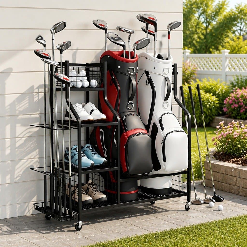 Golf Bag Organizer Rack with Wheels and Shelves