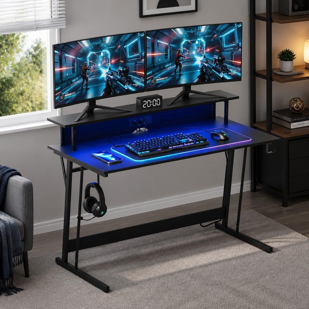 Gaming Desk with RGB Lighting & Power Outlets