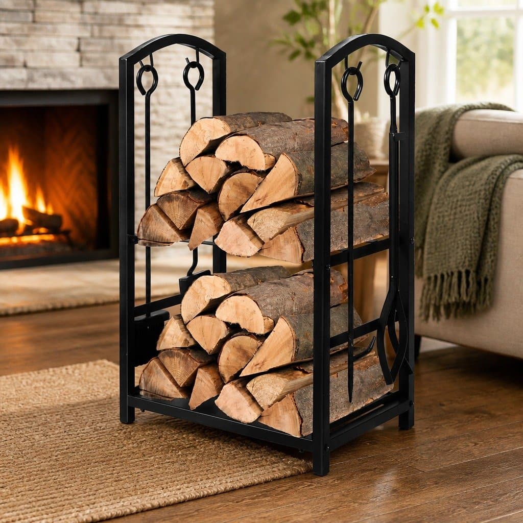 Firewood Rack 5-in-1 with Tools 2-Tier Steel Storage Organizer for Indoor