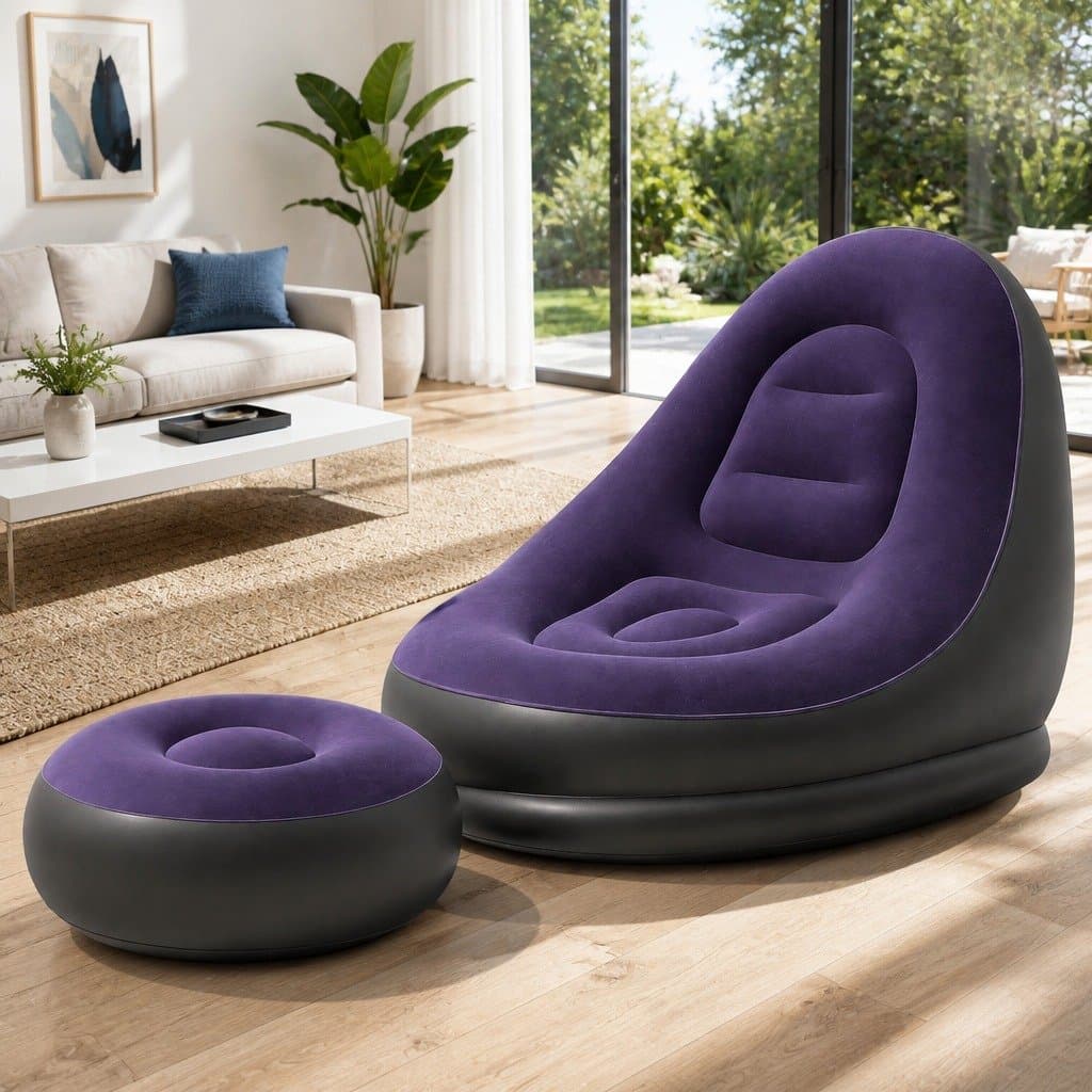 Inflatable Chair with Ottoman Air Sofa Blow Up Seat for Camping Lounging Purple