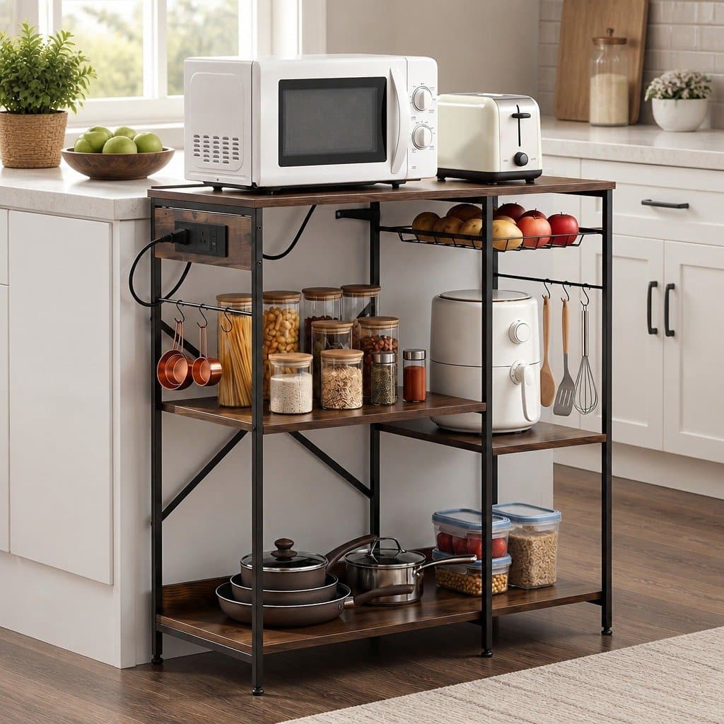 3-Tier Kitchen Storage Rack with 2 Power Outlets and Hooks