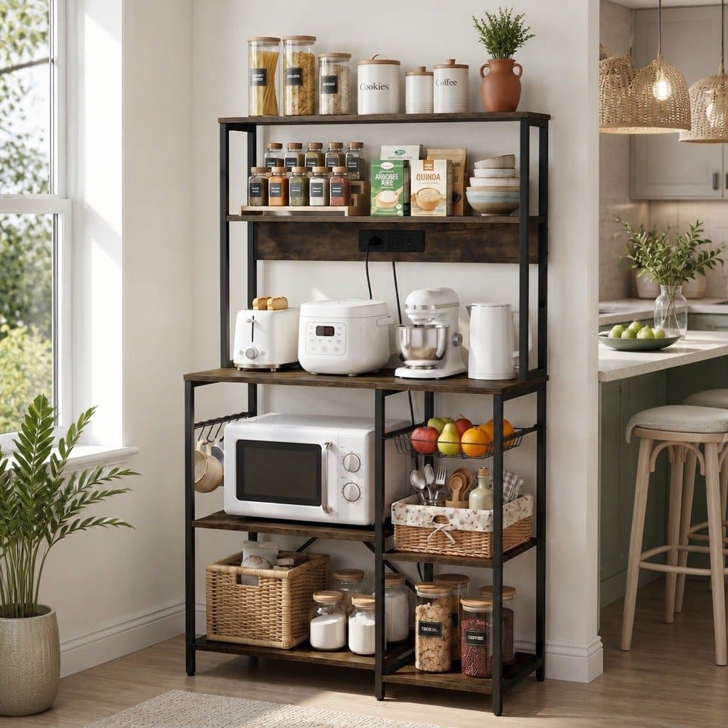 5-Tier Kitchen Storage Rack with Outlets in Brown