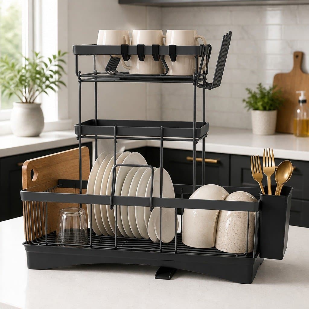 3 Tier Dish Drying Rack with Cutlery and Cup Holders