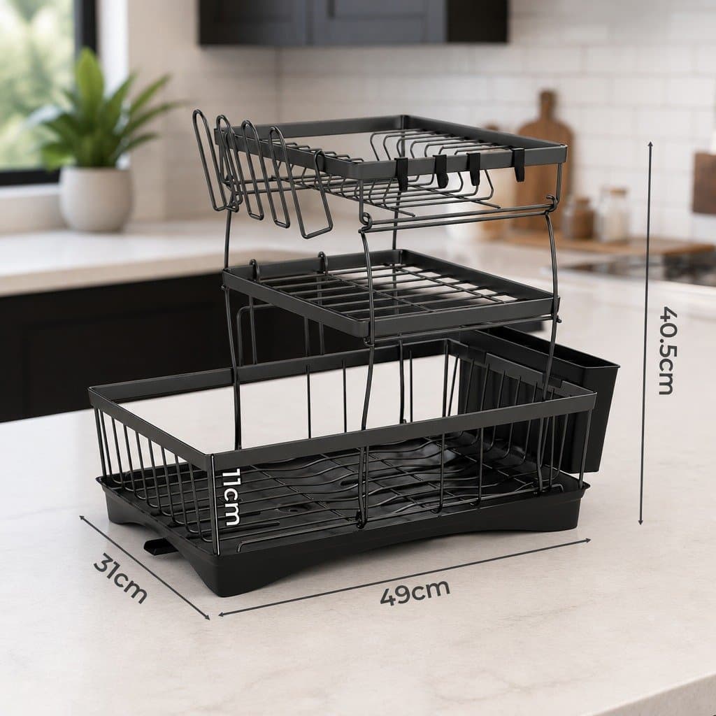 3 Tier Dish Drying Rack with Cutlery and Cup Holders