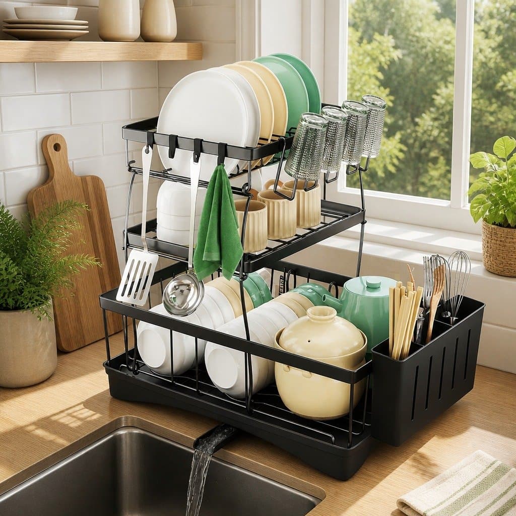 3 Tier Dish Drying Rack with Cutlery and Cup Holders