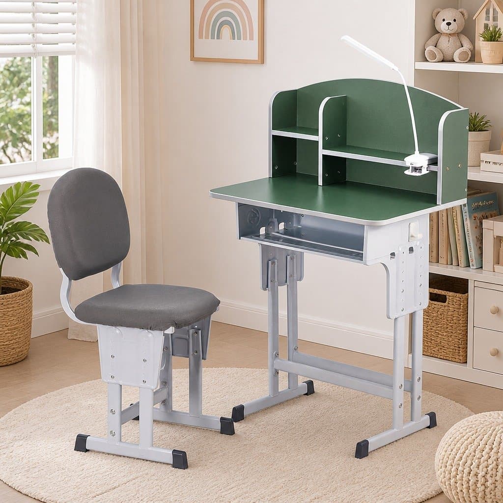 Height Adjustable Kids Study Desk and Chair Set with LED Lamp