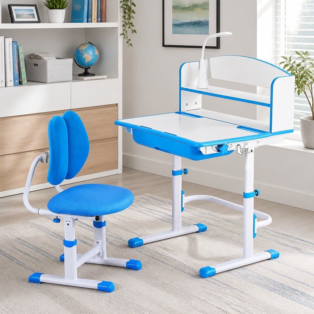 Height Adjustable Kids Study Desk and Chair Set with LED Lamp