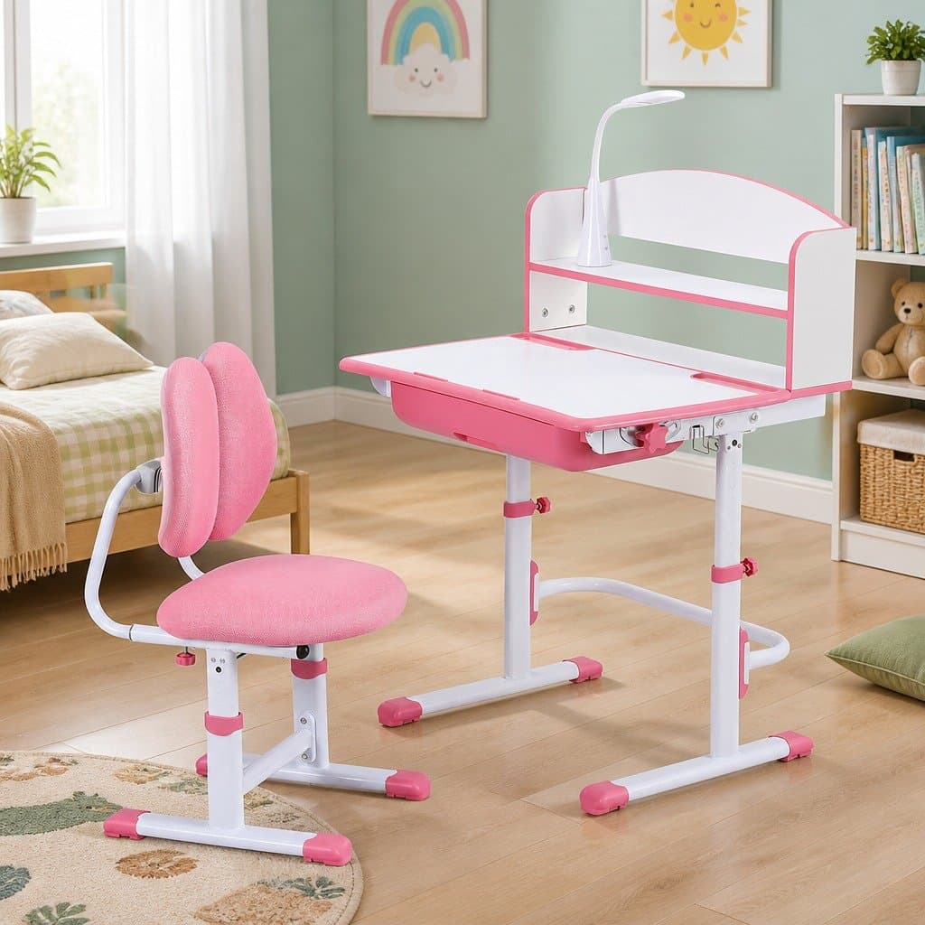 Adjustable Kids Study Desk Chair with LED Lamp in Pink