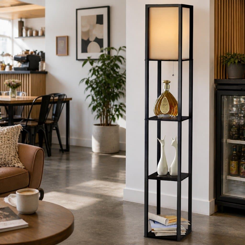 Floor Lamp with 3-Tier Shelf in Vintage Black