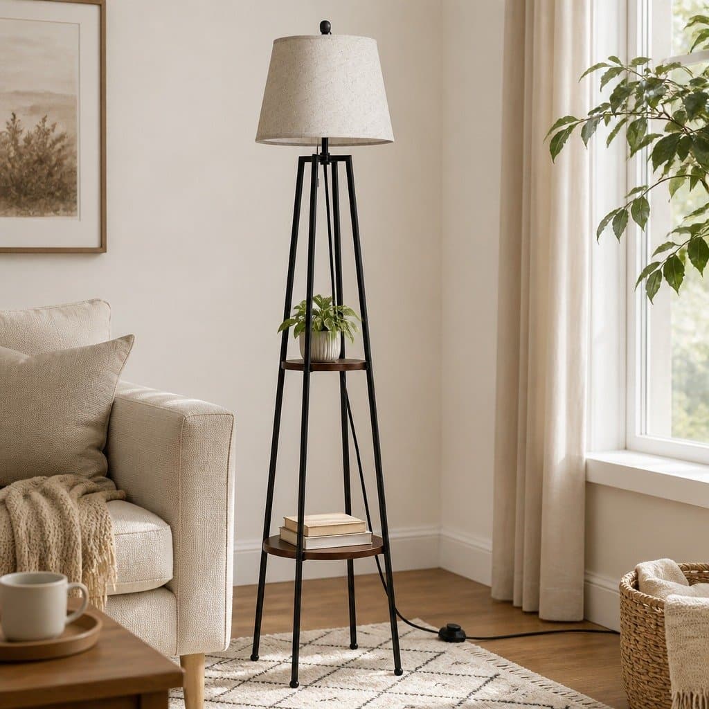 Floor Lamp with 2 Tier Shelf Storage LED Light Stand Modern Tripod Design