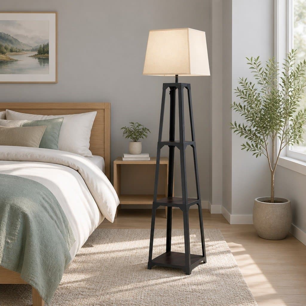 Black Floor Lamp with 3-Tier Shelf Storage