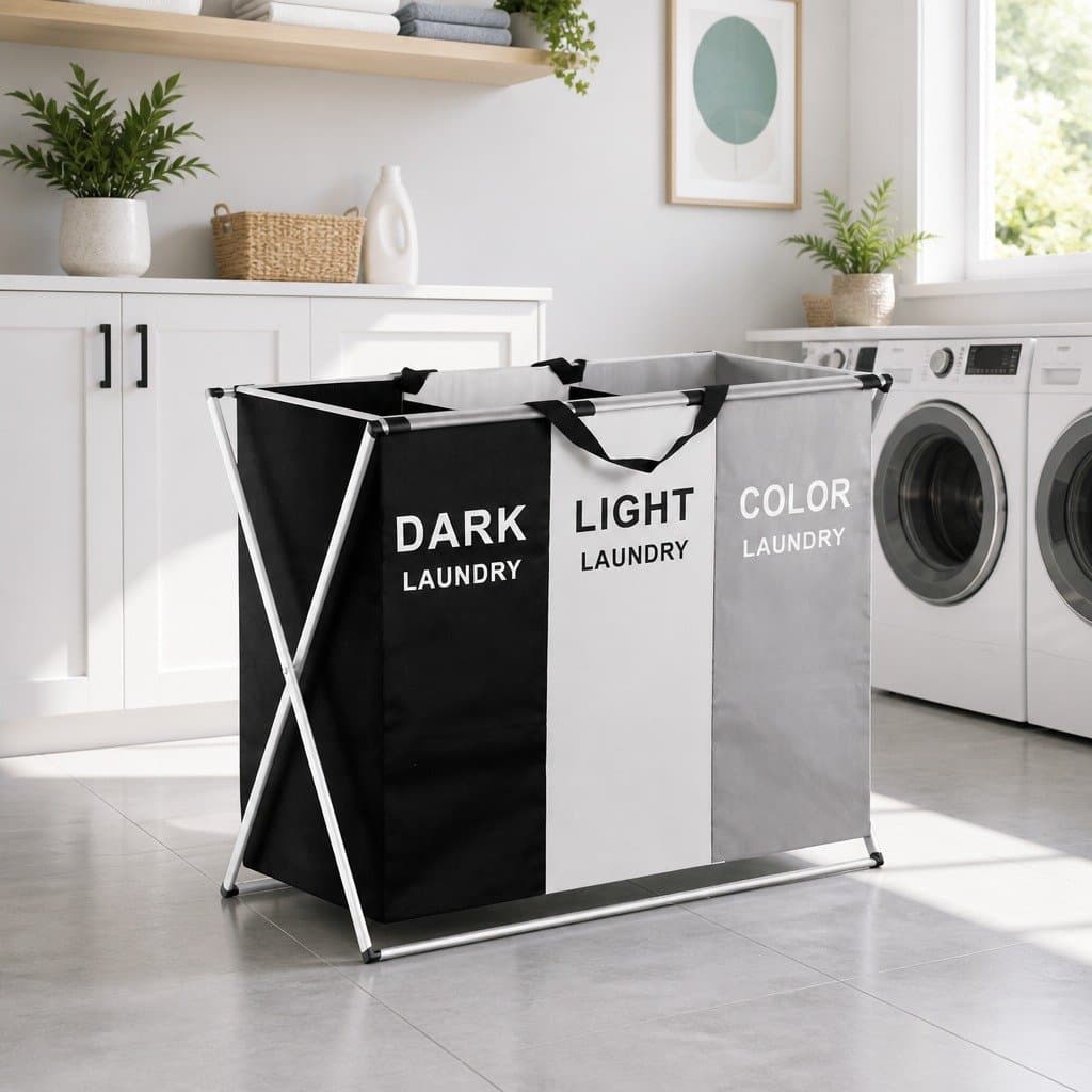 Laundry Basket Hamper Large Foldable 3 Sections Clothes Storage Organiser