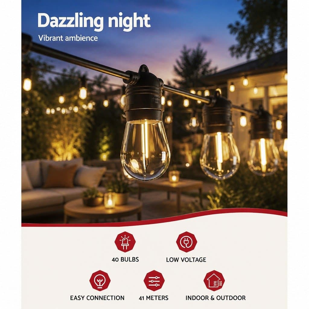 37m Festoon String Lights with 40 Warm White Bulbs