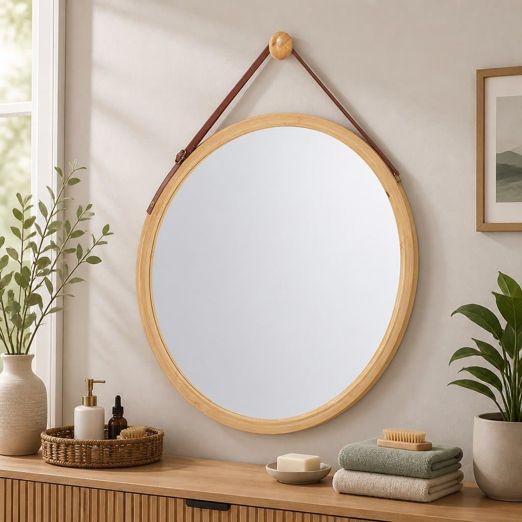 Bamboo Framed Round Wall Mirror 45cm with Leather Strap