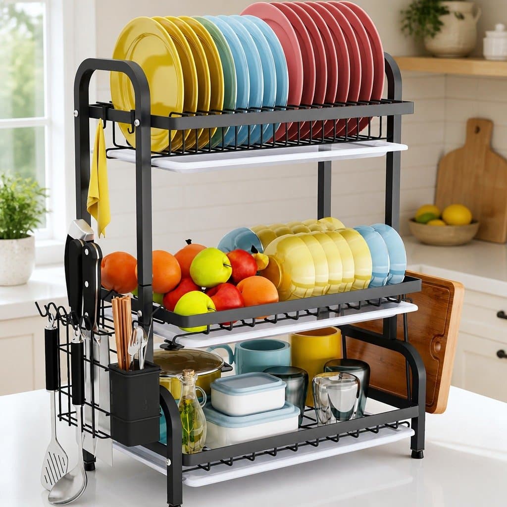 Large Capacity 3-Tier Dish Drying Rack for Kitchen
