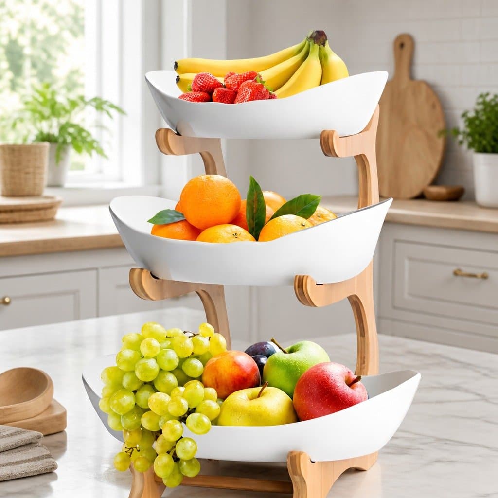 3-Tier Ceramic Fruit Bowl with Bamboo Stand