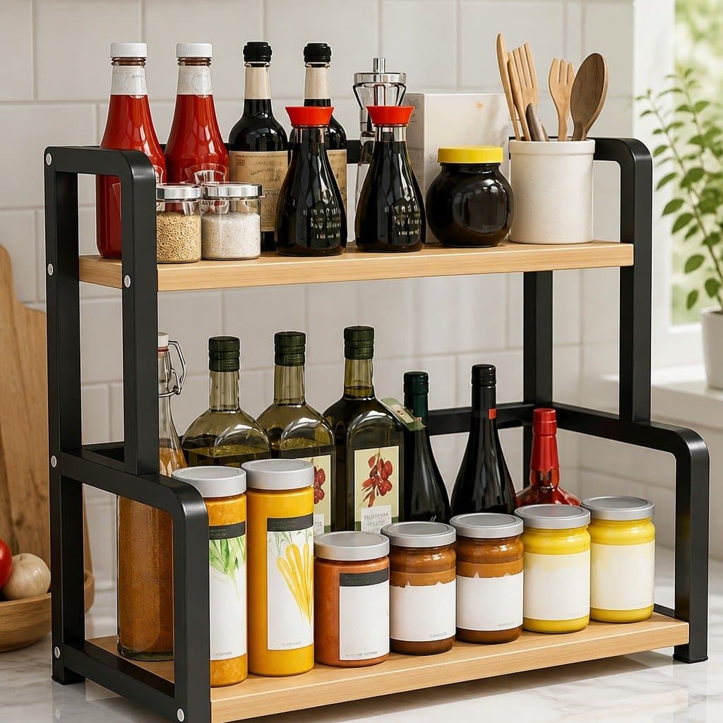 2-Tier Wooden Spice Rack with Durable Metal Frame