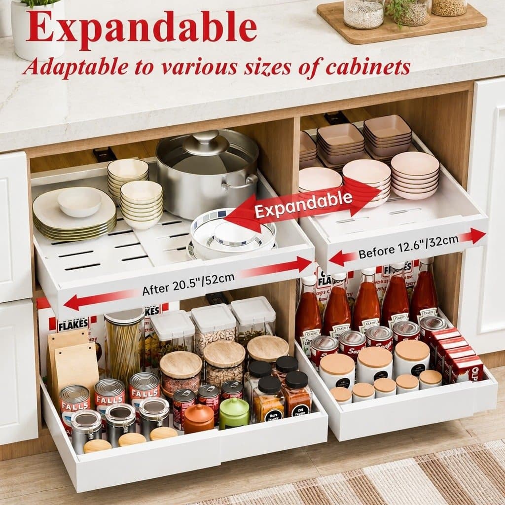 Expandable Pull Out Cabinet Organizer 2 Pack for Kitchens