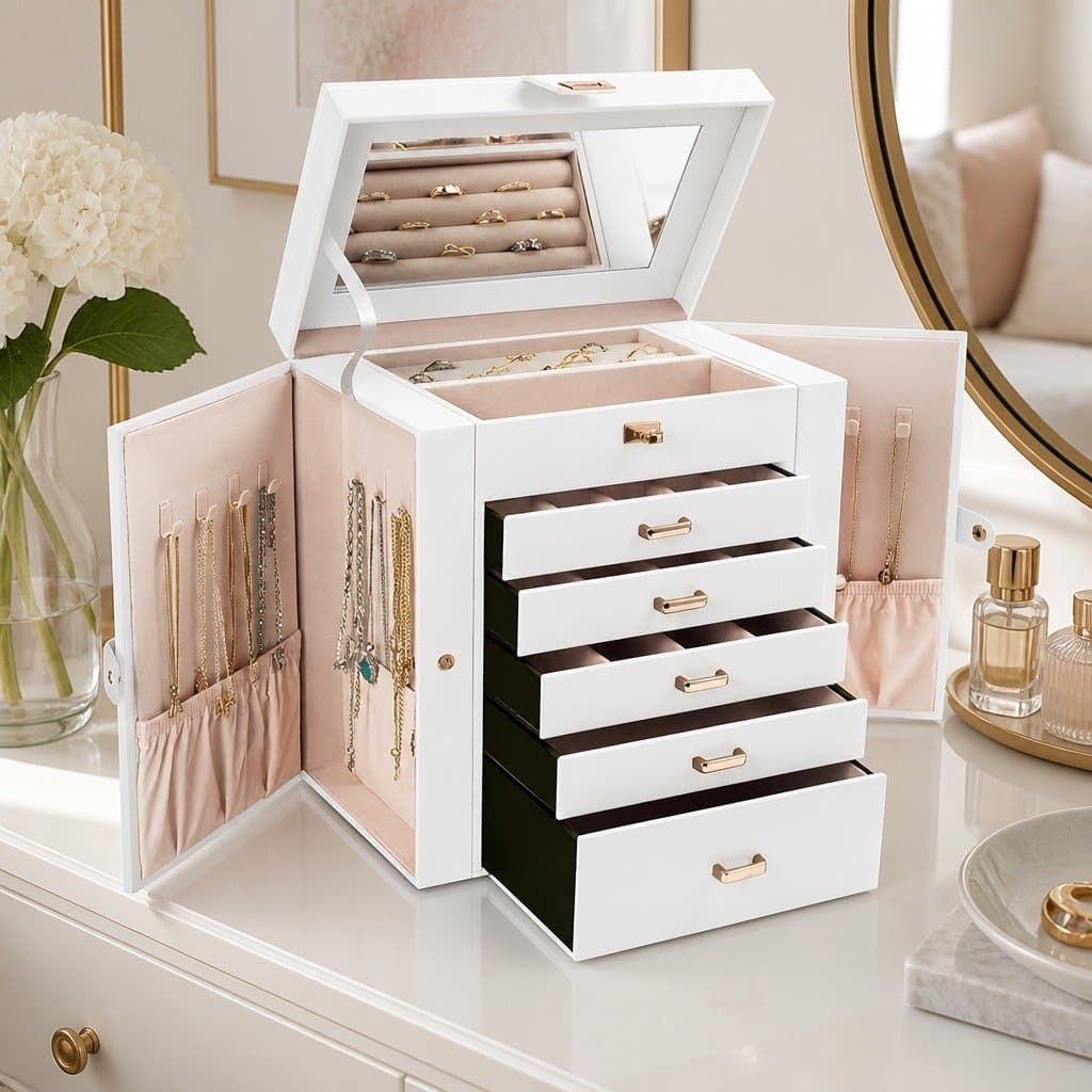 Large 6-Layer Jewelry Organizer with Mirror & Lock