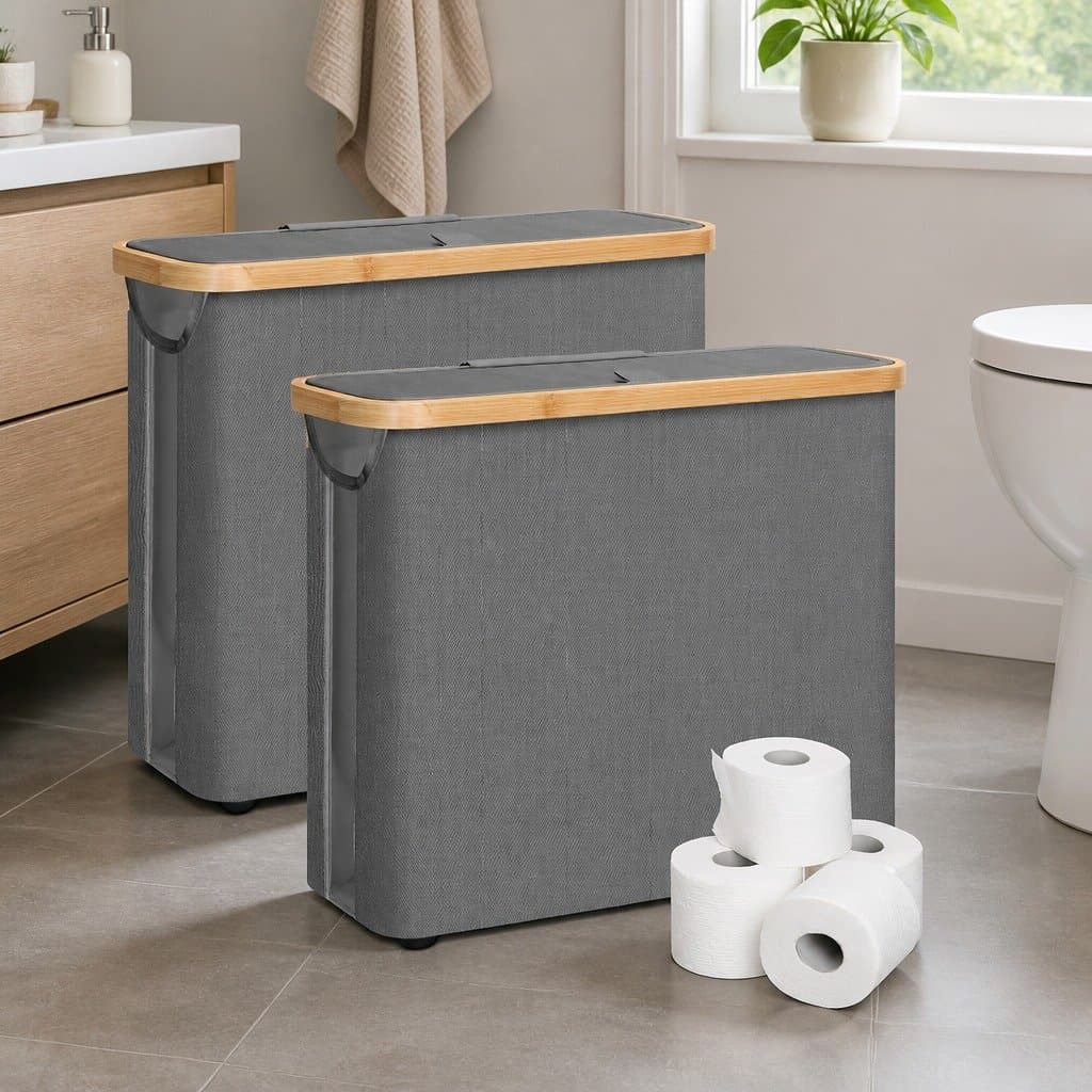 Bamboo Lid Toilet Paper Storage Baskets, 2-Pack