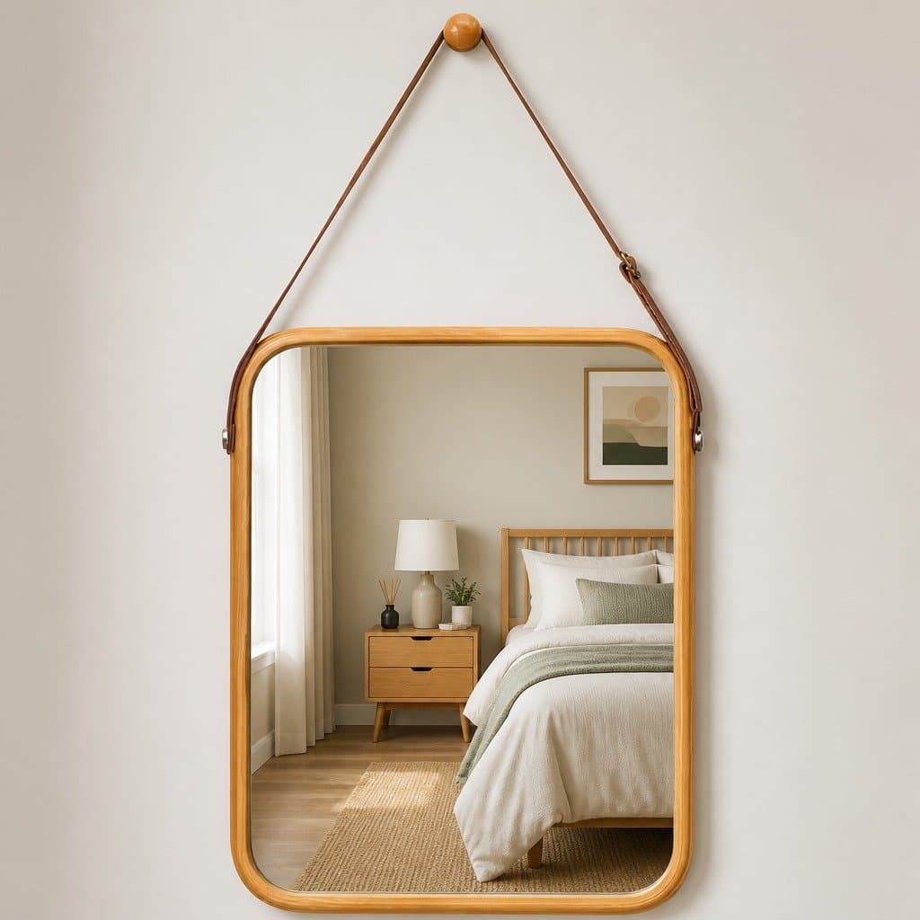 Bamboo Frame Wall Mirror with Adjustable Leather Strap