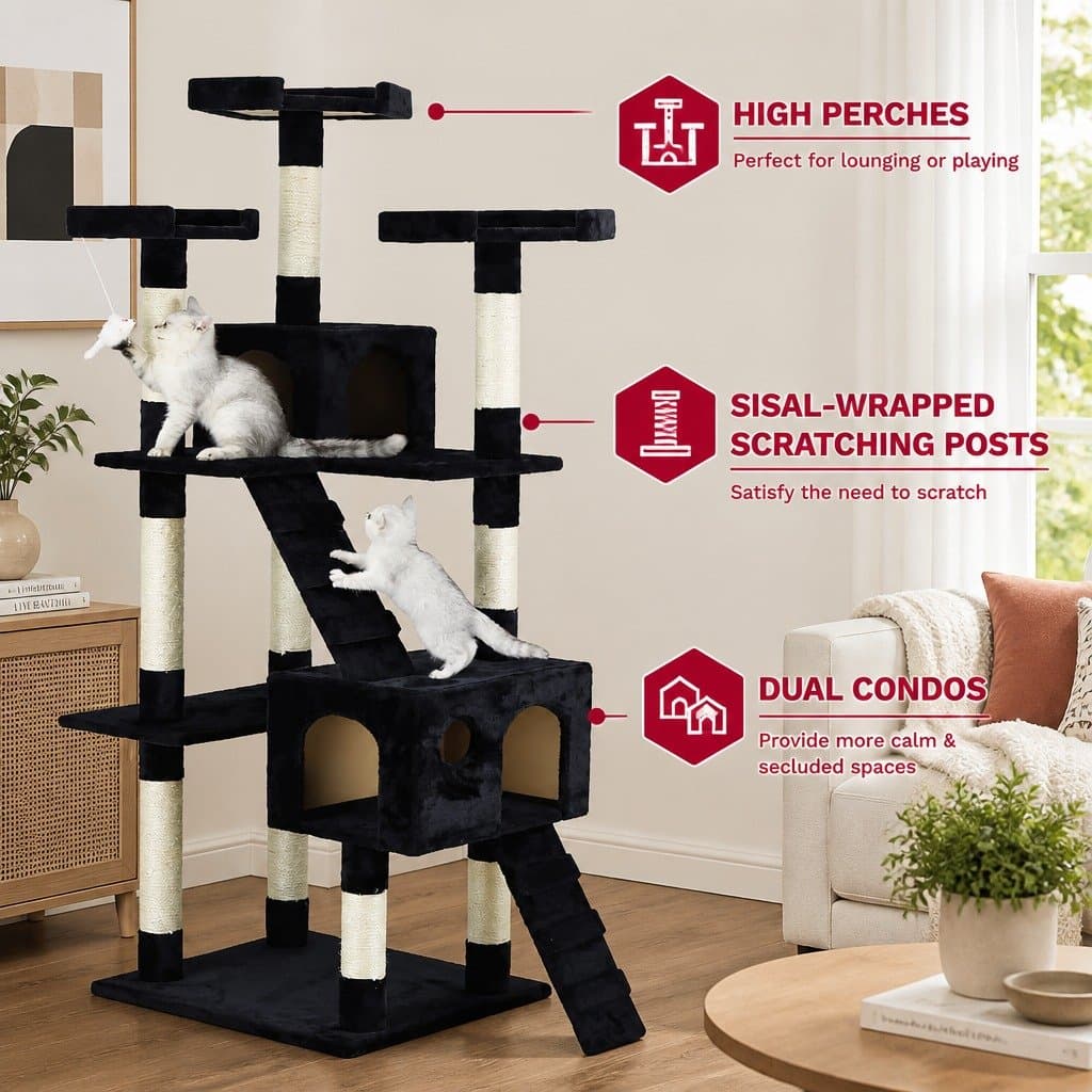 Multi-Level 180cm Cat Tree Tower with Dual Condos