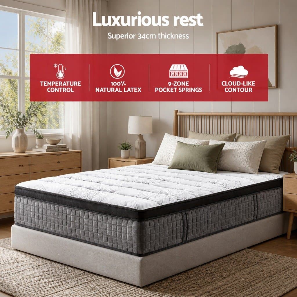 Queen Mattress 34cm Euro Top 9 Zone Pocket Spring Latex Foam Medium Firm