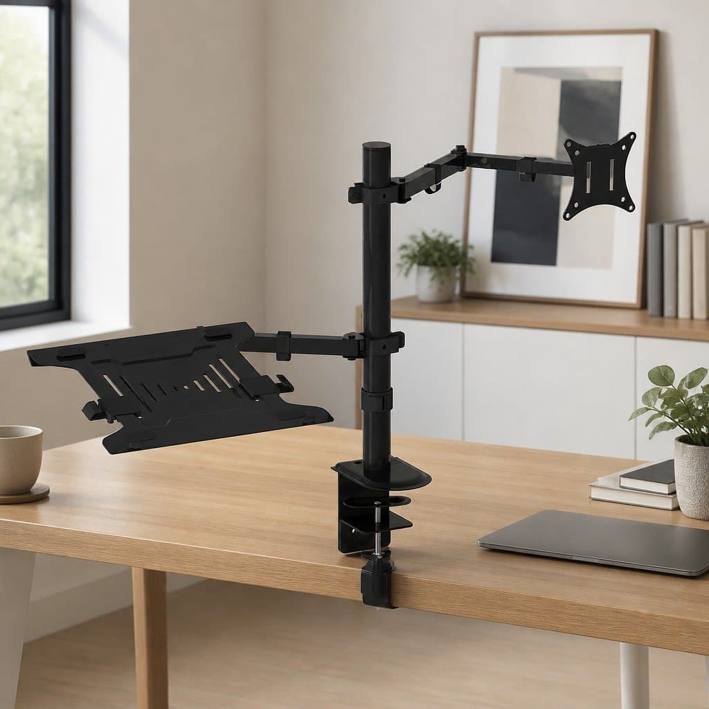 Adjustable Dual Monitor Arm with Laptop Tray in Black