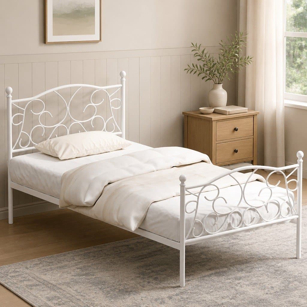 White Metal Platform Single Bed Frame with Storage