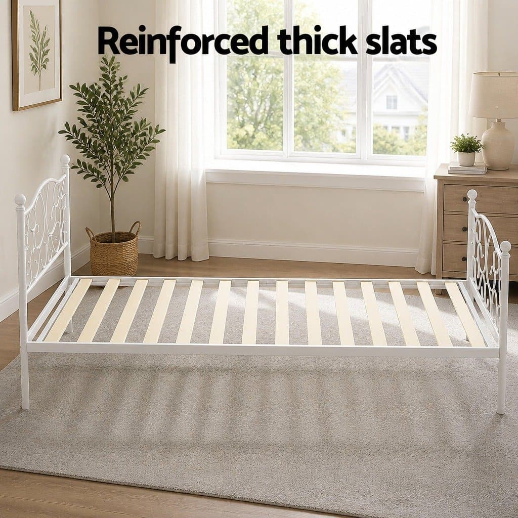 White Metal Platform Single Bed Frame with Storage