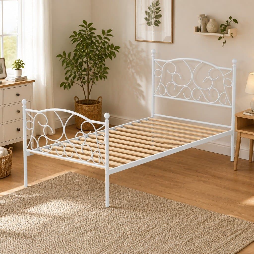 White Metal Platform Single Bed Frame with Storage