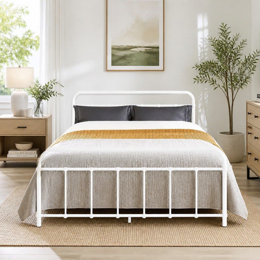Country Style Double Metal Bed Frame in White