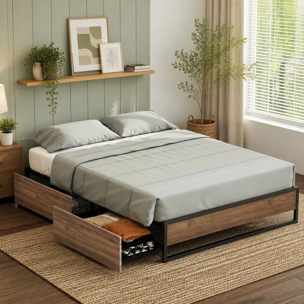 Industrial Queen Size Bed Frame with Storage Drawers