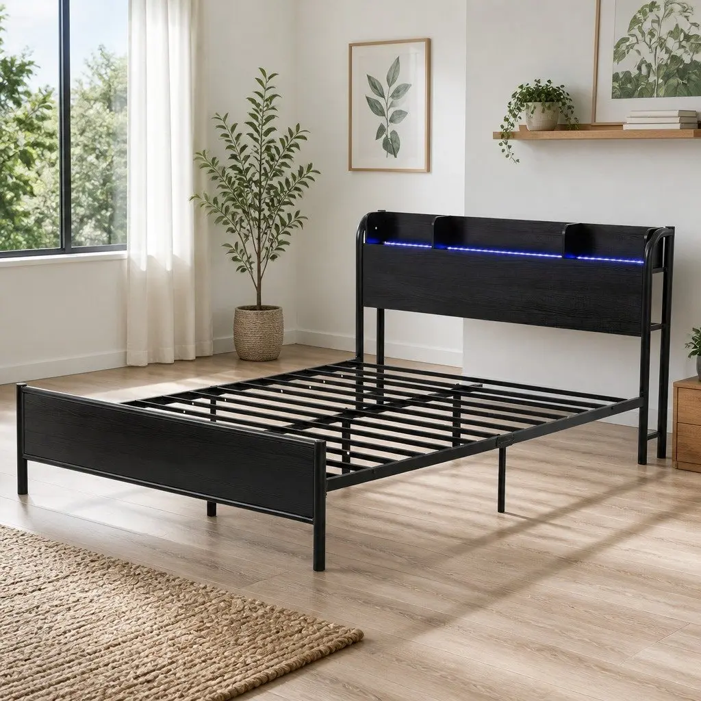 Queen Metal Bed Frame with Storage and Charging Station
