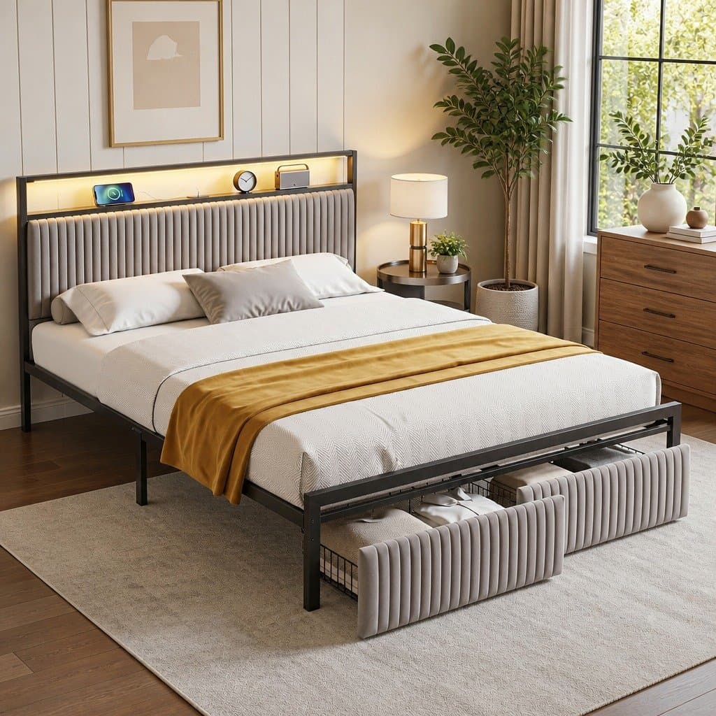 Queen Size Metal Bed Frame with LED Charging Station