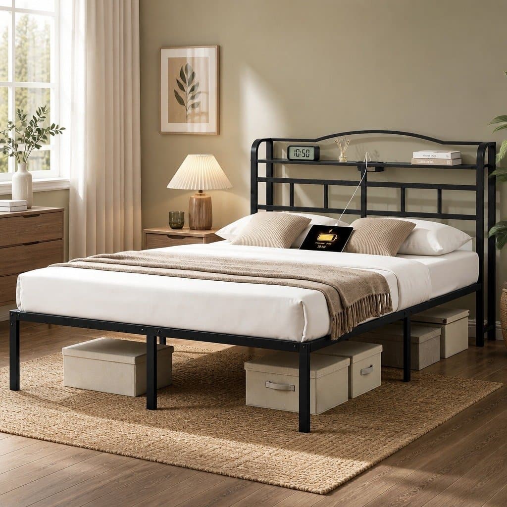 Double Bed Frame with Charging Station & Storage