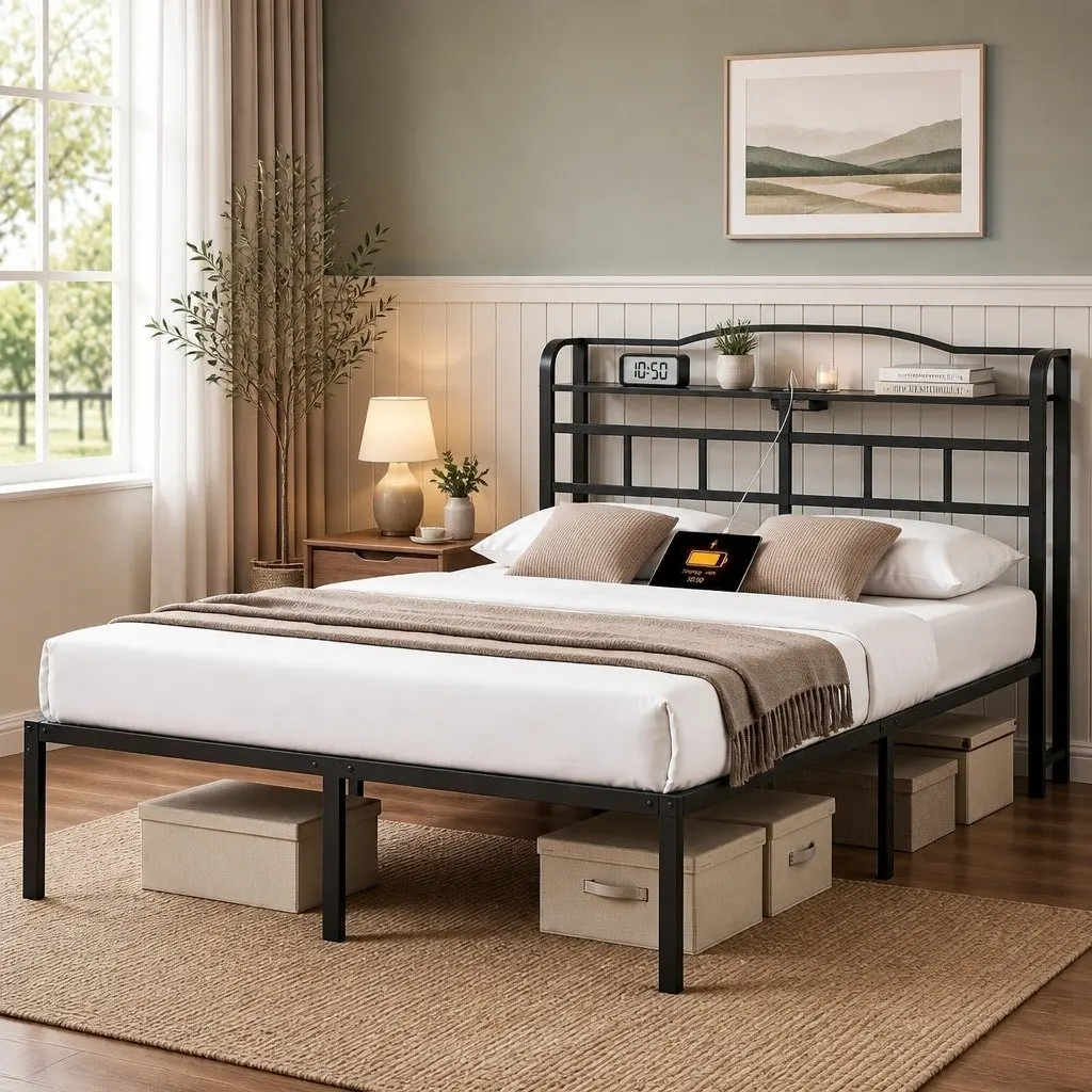 Queen Bed Frame with Charging Station & Storage