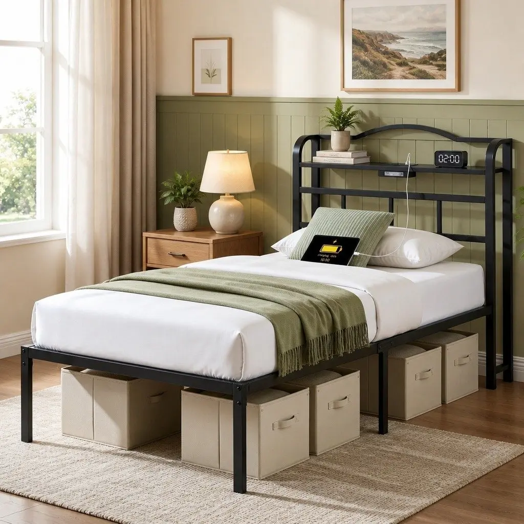 Single Bed Frame with Charging Station and Storage