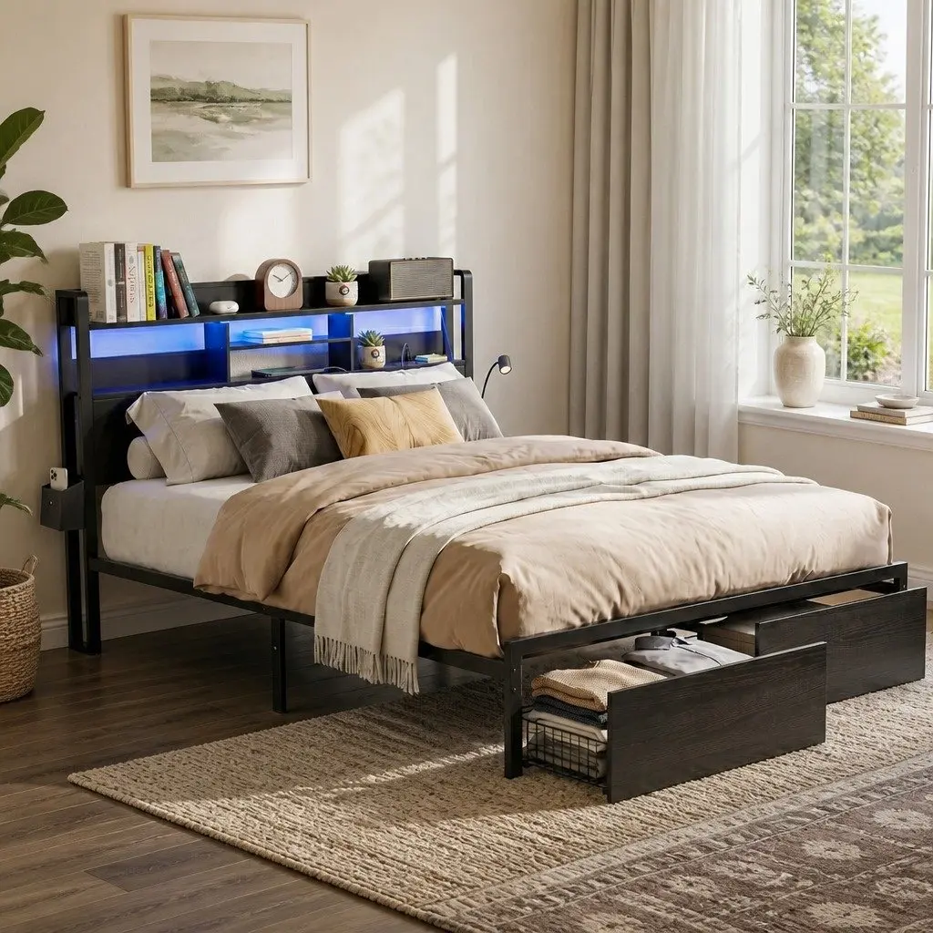King Bed Frame with Charging Station and LED Lights