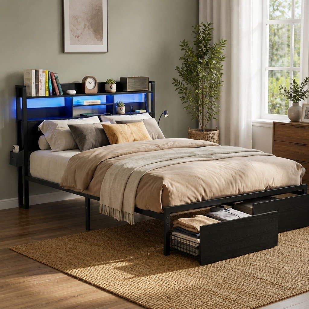 Queen Bed Frame with Storage and LED Lighting