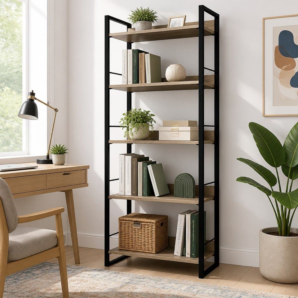 5-Tier Black Wood Grain Bookshelf with Sturdy Frame
