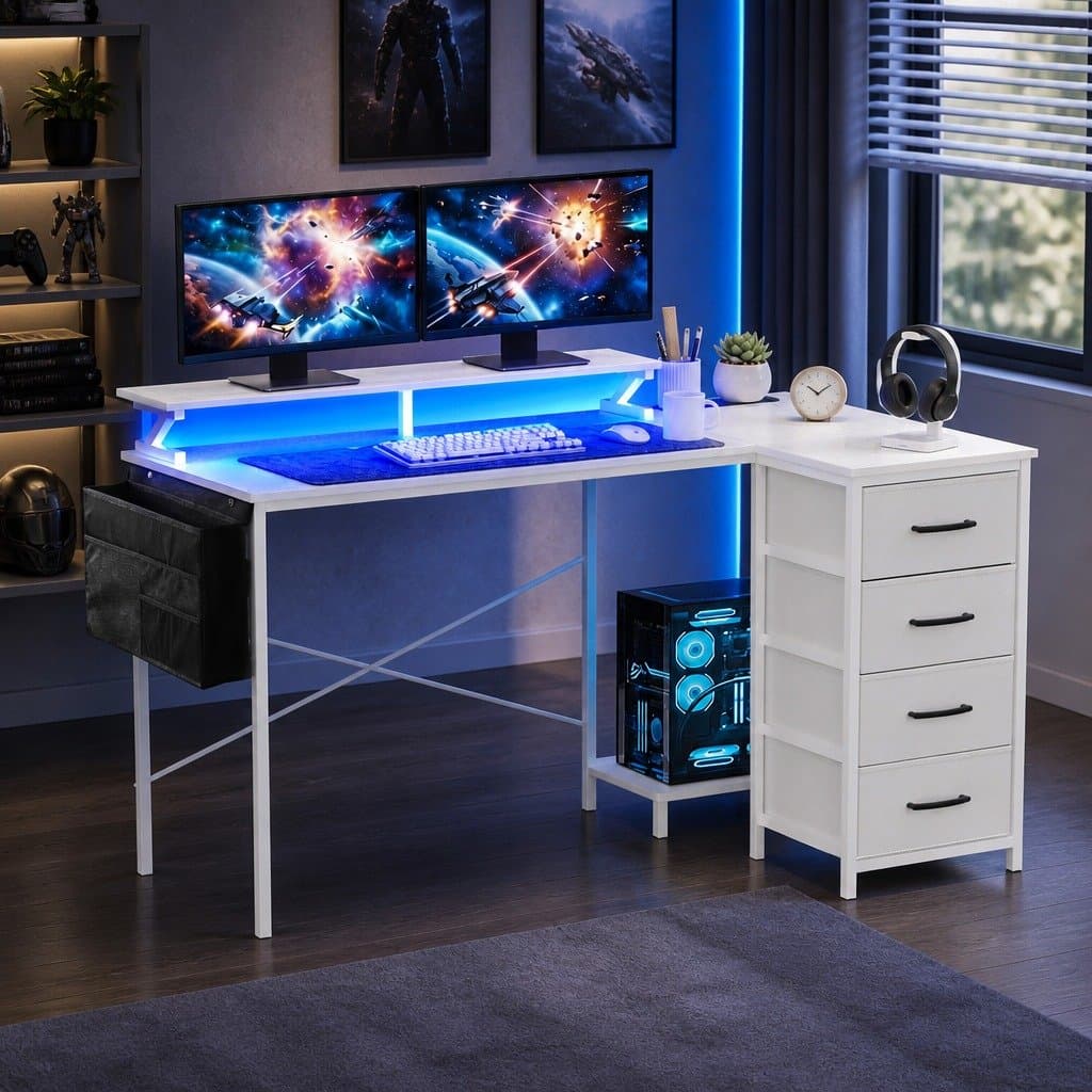 L-Shaped Gaming Computer Desk with LED Lighting 140cm