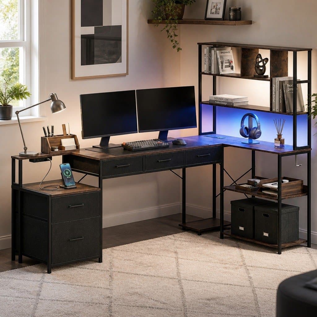 L Shaped Gaming Desk with LED Lights and Power Outlets